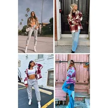 Womens Flannel Plaid Shackets Lapel Button Down Pocketed Long Sleeve Shirt Jackets