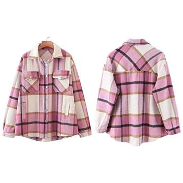 Womens Flannel Plaid Shackets Lapel Button Down Pocketed Long Sleeve Shirt Jackets