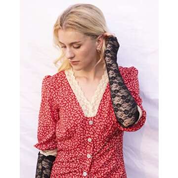 Simplicity Evening Party Wedding Fingerless Elbow Flowers Lace Gloves, Black Floral_Fingerless