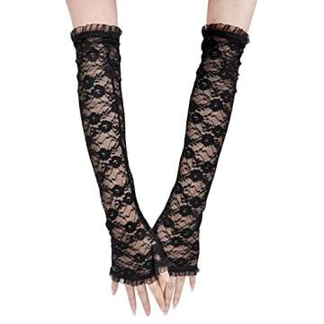 Simplicity Evening Party Wedding Fingerless Elbow Flowers Lace Gloves, Black Floral_Fingerless