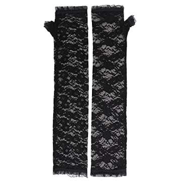 Simplicity Evening Party Wedding Fingerless Elbow Flowers Lace Gloves, Black Floral_Fingerless