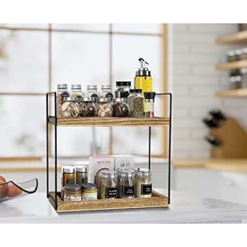 2 Tier Bathroom Organizer, Bathroom Rack for Countertop, Wooden Double Tray for Kitchen Spice, Rustic Storage Shelf for Bathroom, Vanity, Kitchen, Coffee Bar