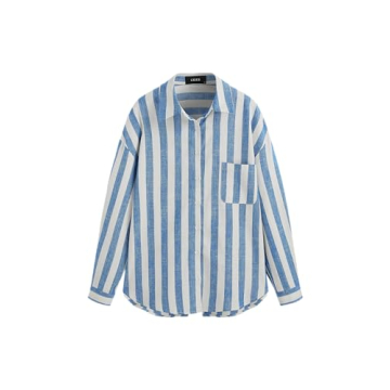 CIDER Santorini Beach Vacation Linen-Blend Collar Striped Pocket Long Sleeve Shirt: Stylish Comfort ...