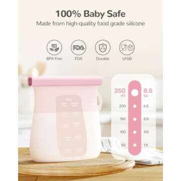 JellyRuru 7 PCS Reusable Breast Milk Storage Bags, 8.5oz 250ml LFGB Standard Silicone Breastmilk Freezer Storage Container, Leak-Proof & Self-Standing Milk Bags, Baby Food Bags