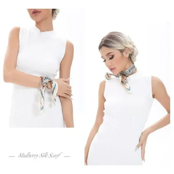 MEISEE Pure Natural Mulberry Silk Scarfs Women Small Square Scarf 21" x 21" Breathable Lightweight Neckerchief Printed Headscarf (White flower-10)