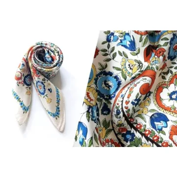 MEISEE Pure Natural Mulberry Silk Scarfs Women Small Square Scarf 21" x 21" Breathable Lightweight Neckerchief Printed Headscarf (White flower-10)