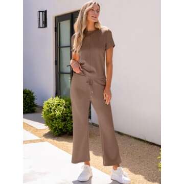 ANRABESS Women's 2 Piece Outfits Lounge Sets 2025 Summer Sweatsuits Short Sleeve Wide Leg Pants Sweat Set Tracksuits Clothes Brown X-Large