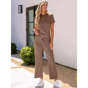 ANRABESS Women's 2 Piece Outfits Lounge Sets 2025 Summer Sweatsuits Short Sleeve Wide Leg Pants Sweat Set Tracksuits Clothes Brown X-Large