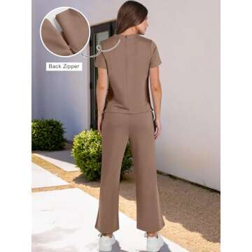 ANRABESS Women's 2 Piece Outfits Lounge Sets 2025 Summer Sweatsuits Short Sleeve Wide Leg Pants Sweat Set Tracksuits Clothes Brown X-Large