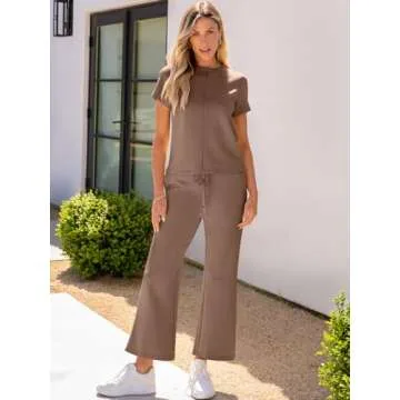 ANRABESS Women's 2 Piece Outfits Lounge Sets 2025 Summer Sweatsuits Short Sleeve Wide Leg Pants Sweat Set Tracksuits Clothes Brown X-Large