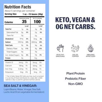 BRAMI Lupini Beans Snack, Sea Salt & Vinegar, 7g Plant Based Protein, 0g Net Carbs, Vegan, Vegetarian, Keto, Mediterranean Diet, Non Perishable, 5.3oz
