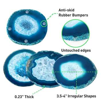 Natural Geode Coaster for Drinks, Set of 4 Clouded Agate Coasters for Coffee Table Decor, 3.5-4” Crystalline Stone Costers Agate Slices Glass Cups Holder for Home Office Housewarming Gift (Blue)