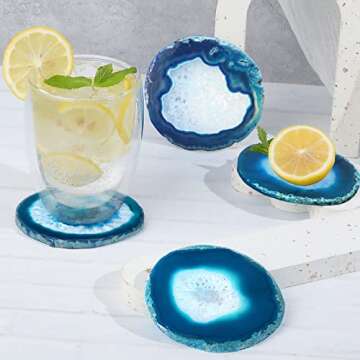 Natural Geode Coaster for Drinks, Set of 4 Clouded Agate Coasters for Coffee Table Decor, 3.5-4” Crystalline Stone Costers Agate Slices Glass Cups Holder for Home Office Housewarming Gift (Blue)