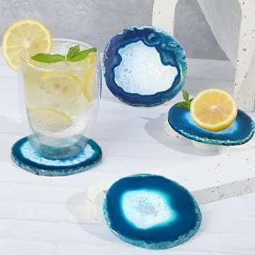Natural Geode Coaster for Drinks, Set of 4 Clouded Agate Coasters for Coffee Table Decor, 3.5-4” Crystalline Stone Costers Agate Slices Glass Cups Holder for Home Office Housewarming Gift (Blue)