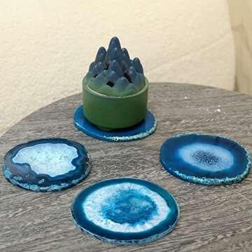 Natural Geode Coaster for Drinks, Set of 4 Clouded Agate Coasters for Coffee Table Decor, 3.5-4” Crystalline Stone Costers Agate Slices Glass Cups Holder for Home Office Housewarming Gift (Blue)