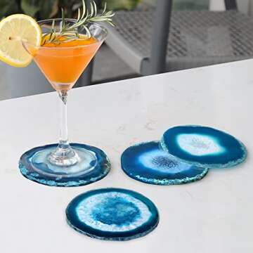 Natural Geode Coaster for Drinks, Set of 4 Clouded Agate Coasters for Coffee Table Decor, 3.5-4” Crystalline Stone Costers Agate Slices Glass Cups Holder for Home Office Housewarming Gift (Blue)
