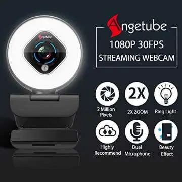 Angetube Streaming Webcam with Light - HD 1080P Autofocus Computer Camera with Microphone USB Camera with Digital Zoom for PC|Desktop|Laptop|Gaming|Video Calling