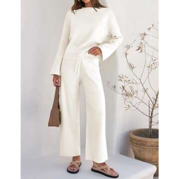 ZESICA Women's 2 Piece Outfits Set 2024 Casual Long Sleeve Knit Pullover Top and Wide Leg Pants Sweatsuit Lounge Sets,Cream,Small