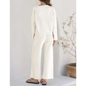 ZESICA Women's 2 Piece Outfits Set 2024 Casual Long Sleeve Knit Pullover Top and Wide Leg Pants Sweatsuit Lounge Sets,Cream,Small