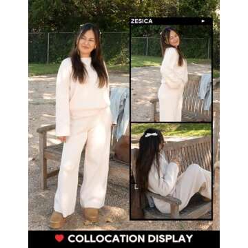 ZESICA Women's 2 Piece Outfits Set 2024 Casual Long Sleeve Knit Pullover Top and Wide Leg Pants Sweatsuit Lounge Sets,Cream,Small