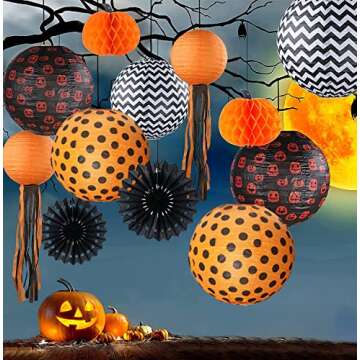 UNIQOOO 12 Pack Halloween Decorations Hanging Paper Lantern Pumpkin Set, Black Orange Polka Dots Wav...