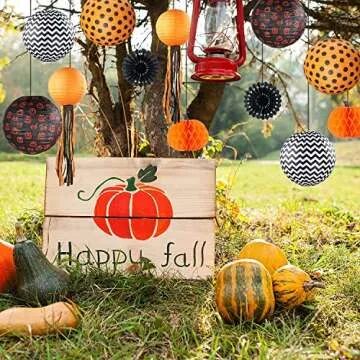 UNIQOOO 12 Pack Halloween Decorations Hanging Paper Lantern Pumpkin Set, Black Orange Polka Dots Wave Prints for Indoor Outdoor, Home Ceiling Yard Garden, Classroom, Party Props, 12" & 8"