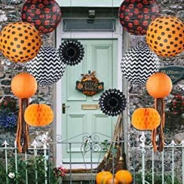 UNIQOOO 12 Pack Halloween Decorations Hanging Paper Lantern Pumpkin Set, Black Orange Polka Dots Wave Prints for Indoor Outdoor, Home Ceiling Yard Garden, Classroom, Party Props, 12" & 8"