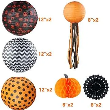 UNIQOOO 12 Pack Halloween Decorations Hanging Paper Lantern Pumpkin Set, Black Orange Polka Dots Wave Prints for Indoor Outdoor, Home Ceiling Yard Garden, Classroom, Party Props, 12" & 8"