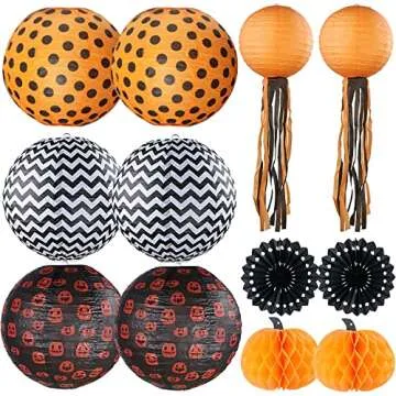 UNIQOOO 12 Pack Halloween Decorations Hanging Paper Lantern Pumpkin Set, Black Orange Polka Dots Wave Prints for Indoor Outdoor, Home Ceiling Yard Garden, Classroom, Party Props, 12" & 8"