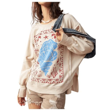 BEAUDRM Women's Graphic Print Sweatshirt - Stylish Oversized Khaki Pullover with Drop Shoulders  - X...