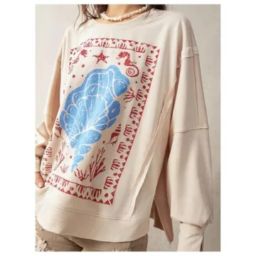 BEAUDRM Women's Oversized Graphic Sweatshirt in Khaki