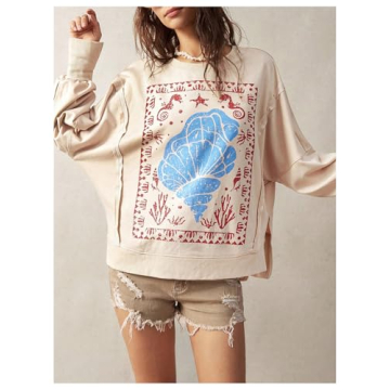 BEAUDRM Women's Oversized Graphic Sweatshirt in Khaki
