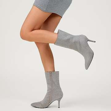 ETHSIETA Women's Rhinestone Glitter Stiletto Heel Ankle Boots Pointed Toe Side Zipper Party Short Booties