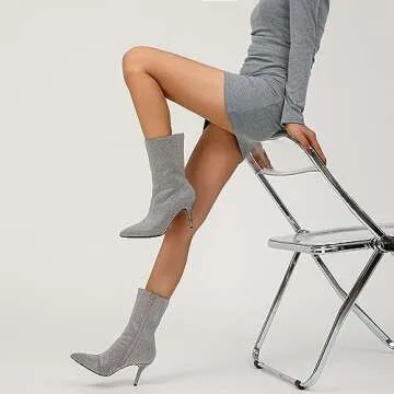 ETHSIETA Women's Rhinestone Glitter Stiletto Heel Ankle Boots Pointed Toe Side Zipper Party Short Booties