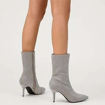 ETHSIETA Women's Rhinestone Glitter Stiletto Heel Ankle Boots Pointed Toe Side Zipper Party Short Booties