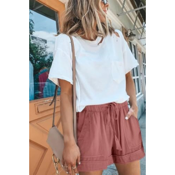 ANFTFH Women Summer Casual Cotton Linen Shorts Dusty Pink