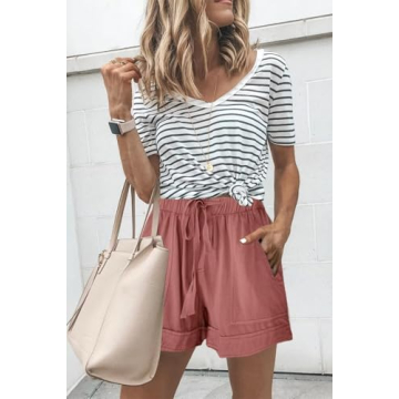 ANFTFH Women Summer Casual Cotton Linen Shorts Dusty Pink