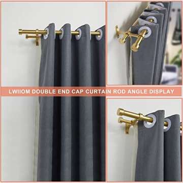 Lwiiom Double Curtain Rods with Aluminum End Cap and Full Surround Brackets,1-Inches Front and 5/8 Inches Back Adjustable between from 36 to 72 Inches (3-6 Feet),Brass Double Window Drapery Rod for
