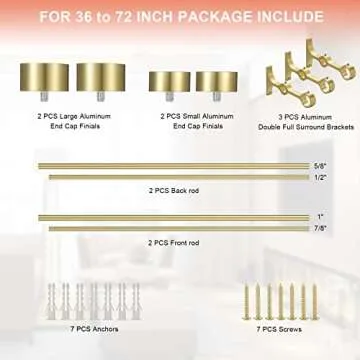 Lwiiom Double Curtain Rods with Aluminum End Cap and Full Surround Brackets,1-Inches Front and 5/8 Inches Back Adjustable between from 36 to 72 Inches (3-6 Feet),Brass Double Window Drapery Rod for