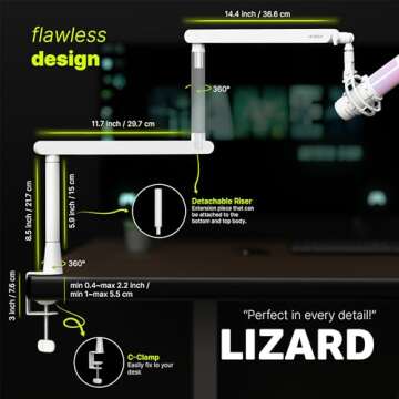 IXTECH White Microphone Boom Arm Stand Low Profile Boom Arm Adjustable Mic Stand with Built In Cable Management 360° Swivel Mic Arm LIZARD WHITE Model