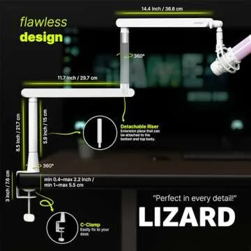 IXTECH White Microphone Boom Arm Stand Low Profile Boom Arm Adjustable Mic Stand with Built In Cable Management 360° Swivel Mic Arm LIZARD WHITE Model