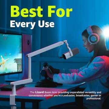 IXTECH White Microphone Boom Arm Stand Low Profile Boom Arm Adjustable Mic Stand with Built In Cable Management 360° Swivel Mic Arm LIZARD WHITE Model