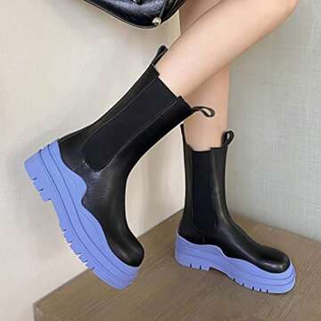 Women's Chelsea Ankle Boots Slip On Mid Calf Chunky Platform Comfortable Pull-on Booties (Blue,US si...