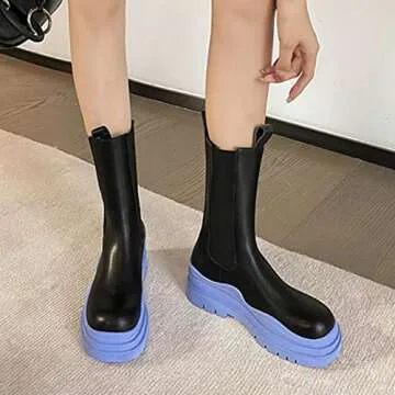 Women's Chelsea Ankle Boots Slip On Mid Calf Chunky Platform Comfortable Pull-on Booties (Blue,US size10.5)