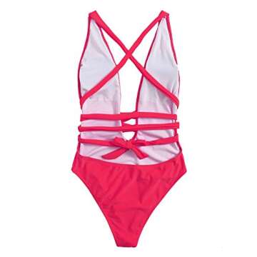 SweatyRocks Women's Sexy Basic Criss Cross Tie Knot Front Deep V Open Back One Piece Swimwear Plain Hot Pink M