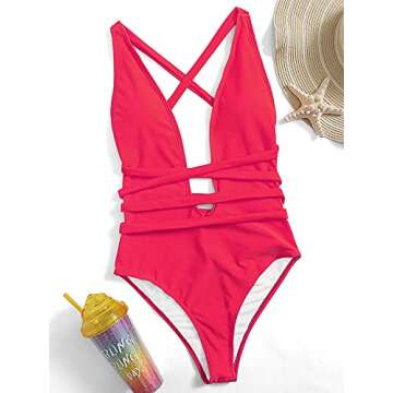 SweatyRocks Women's Sexy Basic Criss Cross Tie Knot Front Deep V Open Back One Piece Swimwear Plain Hot Pink M