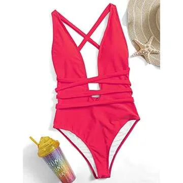 SweatyRocks Women's Sexy Basic Criss Cross Tie Knot Front Deep V Open Back One Piece Swimwear Plain Hot Pink M