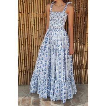 Women Boho Floral Maxi Dress Tie Shoulder Smocked Tiered Midi Dress Flowy Striped Color Block Swing ...