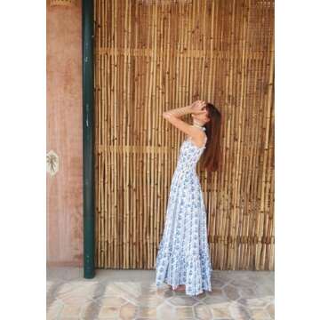 Women Boho Floral Maxi Dress Tie Shoulder Summer Style