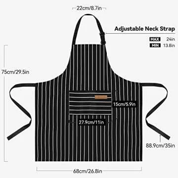 NLUS 2 Pack Cooking Aprons for Women with Pockets Adjustable Kitchen Bib Aprons for Women Men Chef, Black/White Stripe (Classic Black/White Stripes)